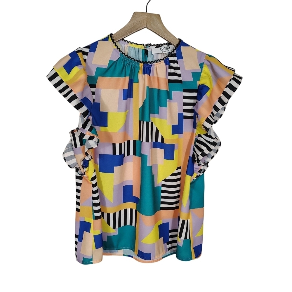 Crosby by Mollie Burch Womens Small Abstract Geometric Ruffle Sleeve Blouse